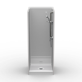30 x 30 curbed shower stall with multi-piece subway tile walls and center drain