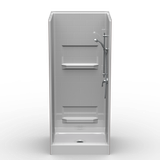 36 x 32 curbed shower stall with multi-piece subway tile walls and center drain