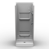 36 x 36 curbed shower stall with multi-piece subway tile wall design