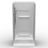 42 x 36 multi-piece curbed shower stall with white subway tile walls and center drain