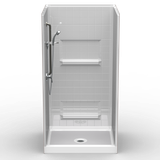 42 x 36 curbed shower stall with 4 inch tile pattern, center drain and multi-piece fiberglass walls