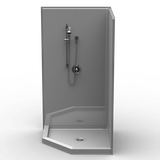 42 x 42 neo-angle shower stall with multi-piece subway tile walls and 5-inch curbed threshold