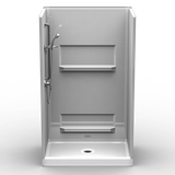 48 x 32 curbed shower stall with multi-piece subway tile walls and center drain