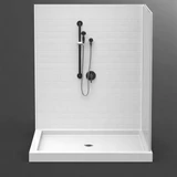 60 x 36 curbed corner shower stall with multi-piece subway tile walls and center drain