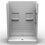 60 x 30 multi-piece curbed shower stall with classic 4-inch tile wall pattern