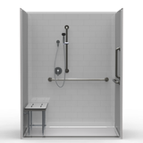 ADA compliant 63 x 37 roll-in shower with subway tile finish and front linear trench drain