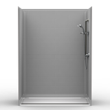 Barrier-free 60 x 32 walk-in shower with subway tile finish and trench drain