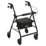 Rollator rolling walker with 6" wheels, padded seat, and fold-up backrest, designed for mobility support