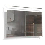 LED bathroom mirror with sleek design, touch sensor, and reflection of modern bathroom setting