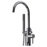 Chrome freestanding tub faucet with a curved spout and handheld sprayer