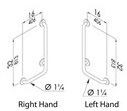 L-shaped grab bar installation diagram showing right-hand and left-hand orientations