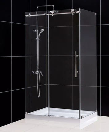 Frameless Dreamline Enigma X shower enclosure with L-glass shape, with sleek chrome hardware and modern design