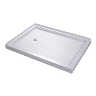 Solid surface shower pan in white, with a textured non-slip surface and central drain