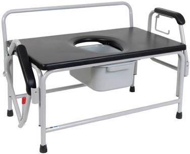 Aluminum shower commode transport chair with a cut-out seat, adjustable armrests, and a removable bucket