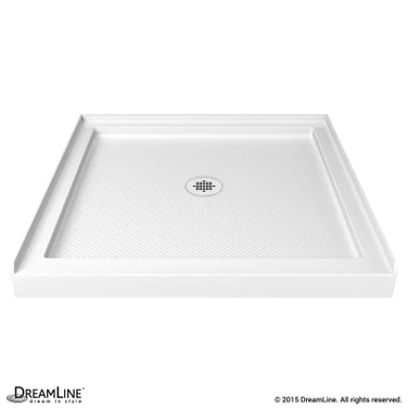 Solid surface shower pan, 42 x 42 inches, white, center drain, textured surface