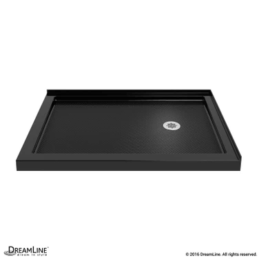 Double threshold shower base in black, 48 x 36 inches, with a left drain, showing modern design and durability