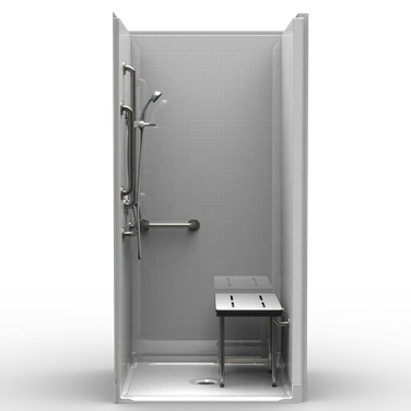 ADA-compliant shower stall with smooth wall finish, with grab bars and a foldable shower bench