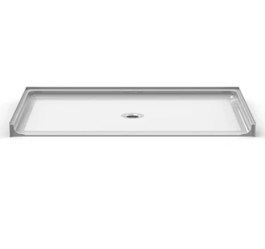 ADA-compliant roll-in shower pan, 64 x 38 inches, with a curbless design and central drain