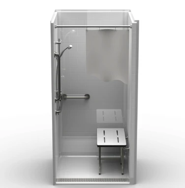ADA-compliant shower stall with a bench, grab bars, and a curtain