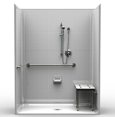 Multi-Piece ADA Shower | 63 x 33 | CenterDrain | 8" Tile Pattern