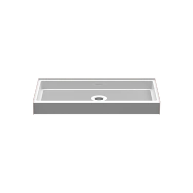 Curbed shower pan in white, 60 x 30 inches, with a center drain and a 4-inch threshold
