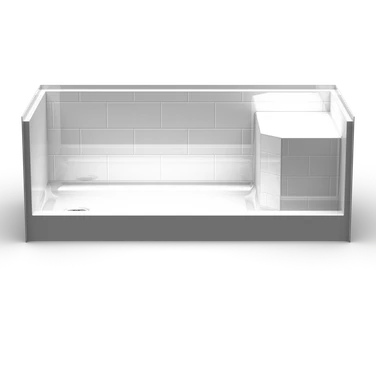 Shower base with molded seat, 60 x 32 dimensions, left/right drain, 5-inch curb