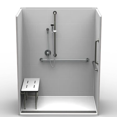 63 x 33 ADA compliant one-piece shower with front trench drain and subway tile wall pattern