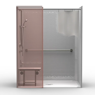 63 x 37 ADA shower stall with single-piece construction, wing wall and 4-inch simulated tile walls
