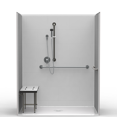 ADA Shower | 63 x 37 | One-Piece | Center Drain | Subway Tile