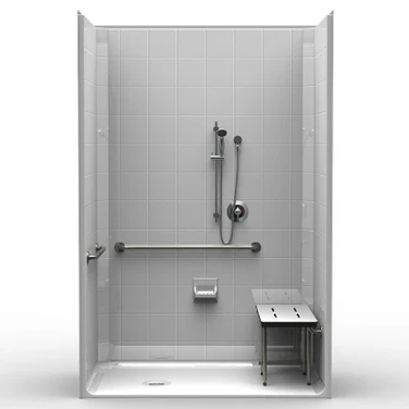 63 x 37 ADA shower stall with single-piece construction, extra-tall walls and molded 8-inch tile pattern