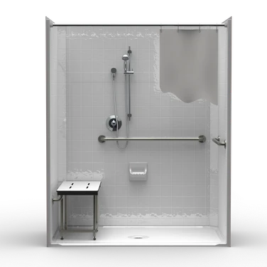 63 x 37 ADA shower stall single-piece with center drain and 4-inch simulated tile walls