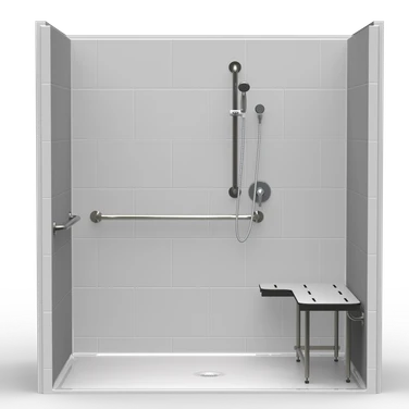 73 x 47 ADA roll-in shower with center drain and subway tile wall pattern