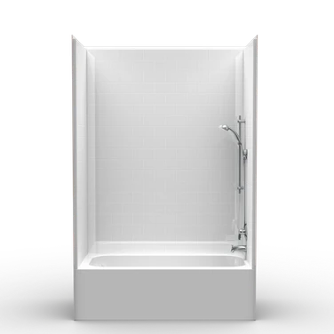 ADA compliant 60 x 30 bathtub shower combo with extra tall subway tile walls and multi-piece construction