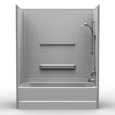 60 x 32 AFR bathtub shower combo with 4-inch tile pattern, multi-piece alcove tub surround and built-in storage ledge