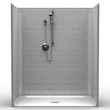 60 x 33 roll-in shower stall single-piece with 4-inch tile pattern and low-threshold accessible entry