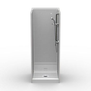 30 x 30 curbed shower stall with multi-piece subway tile walls and center drain