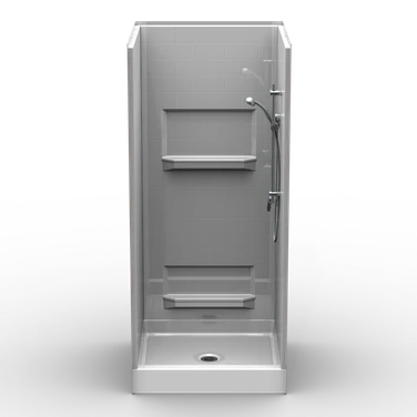 36 x 36 curbed shower stall with multi-piece subway tile wall design