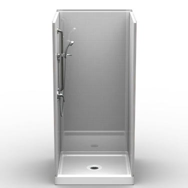 38 x 38 curbed shower stall with multi-piece subway tile walls and center drain