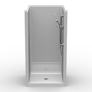 42 x 38 curbed shower stall with white subway tile walls, center drain and handheld shower