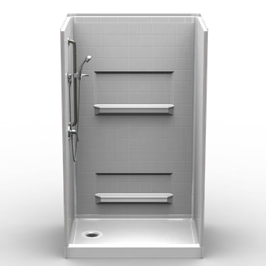48 x 34 curbed shower stall with multi-piece design and 4-inch tile wall pattern