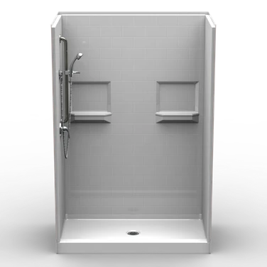 54 x 30 curbed shower stall with multi-piece subway tile walls and pre-leveled shower base
