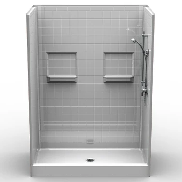 60 x 30 multi-piece curbed shower stall with classic 4-inch tile wall pattern