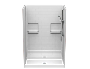 55 x 32 multi-piece curbed shower stall with subway tile wall pattern