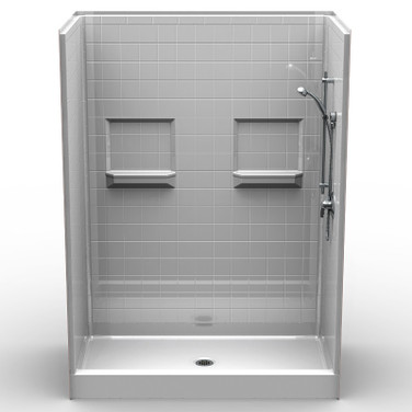 60 x 32 multi-piece curbed shower stall with 4-inch tile pattern and step-in shower base
