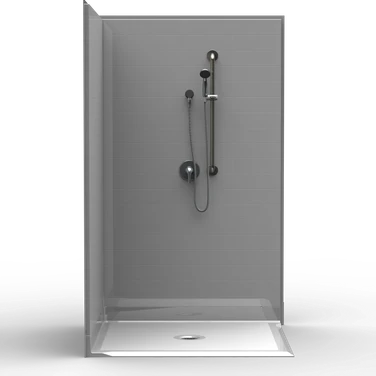48 x 48 barrier-free corner shower stall with left wing wall, center drain and subway tile walls
