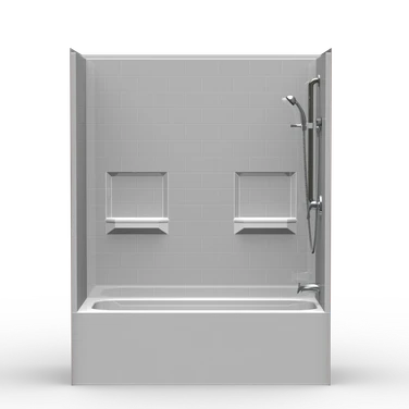 60 x 30 bathtub shower combo with 4-piece subway tile walls and built-in wall niches