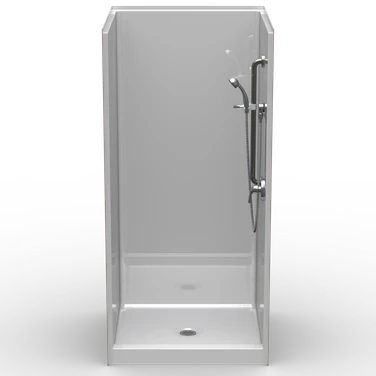 48 x 34 single-piece curbed shower stall with smooth white walls and center drain
