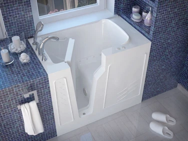 Walk-in bathtub by Meditub with a compact design, industrial-strength acrylic construction