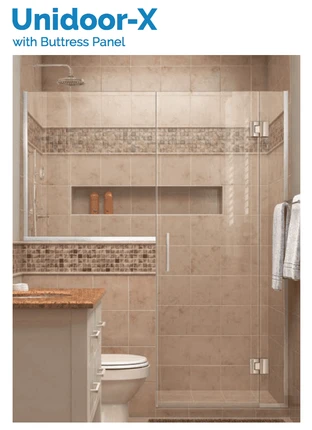 Hinged Unidoor-X shower door with buttress panel in modern bathroom setting, with tiled walls and a sleek design