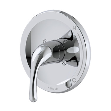 ADA shower valve and trim kit in chrome by Gerber, with a sleek design with hot and cold indicators